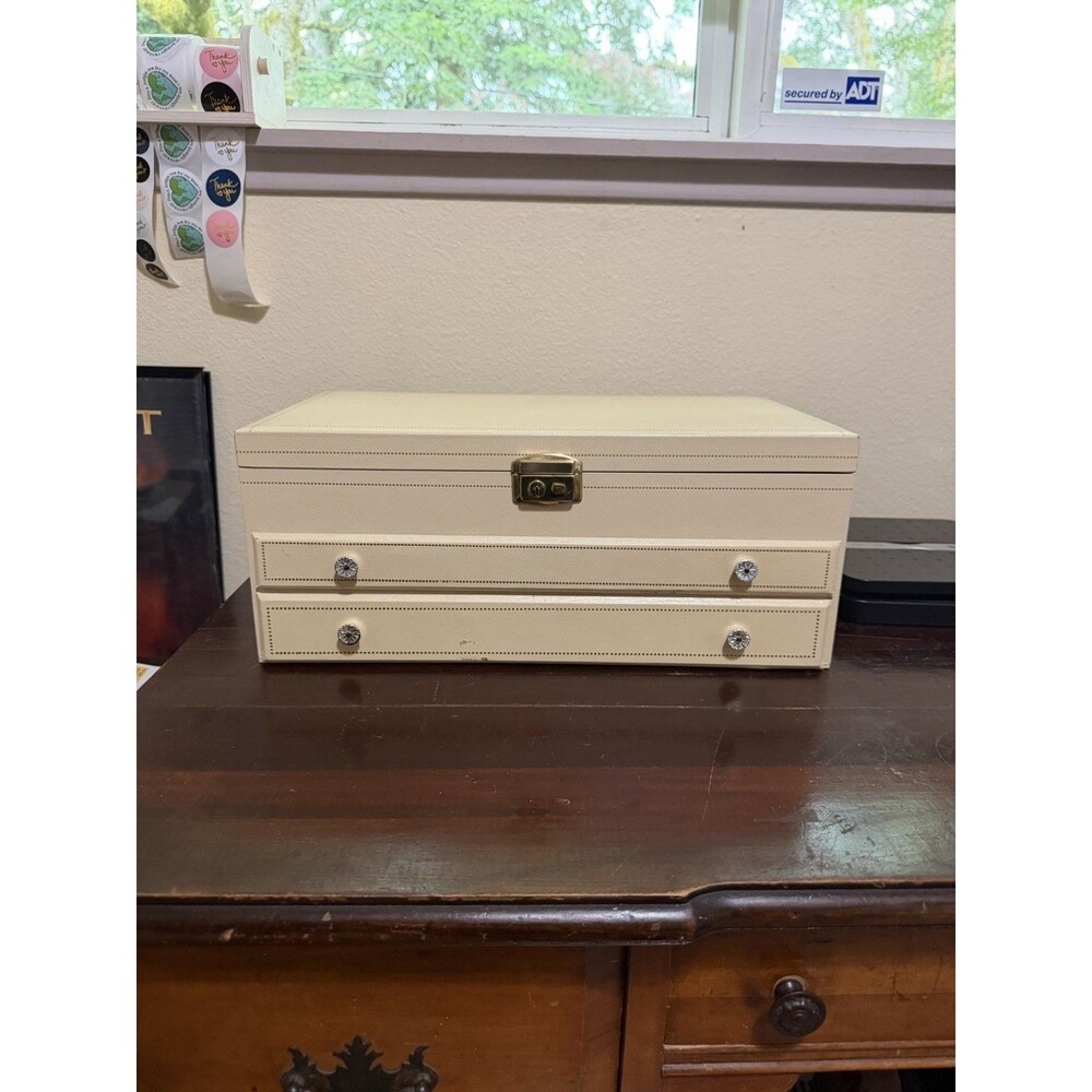 1960s Mele Ivory Leatherette Jewelry Box Velvet Blue Interior MCM 16 X 6 1/2